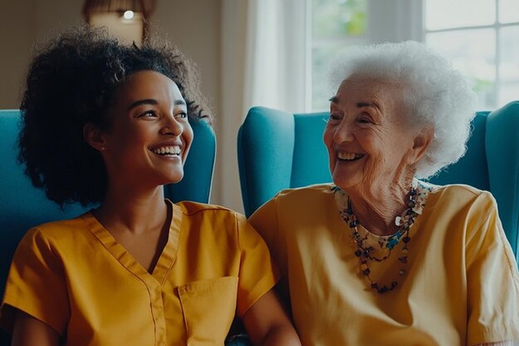 Apoio domicili&aacute;rio a idosos - Cuidadora profissional assistindo senhora idosa em casa